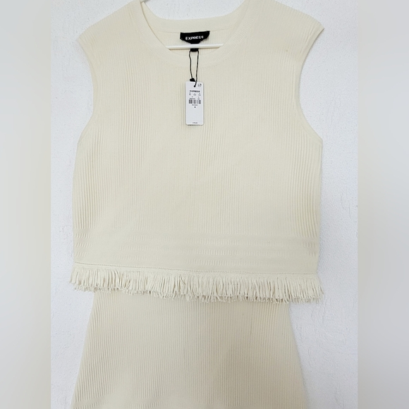 Express Elegant Luxe Ribbed Fringe Set Top+Skirt Stretch Cream Medium New - Picture 15 of 16
